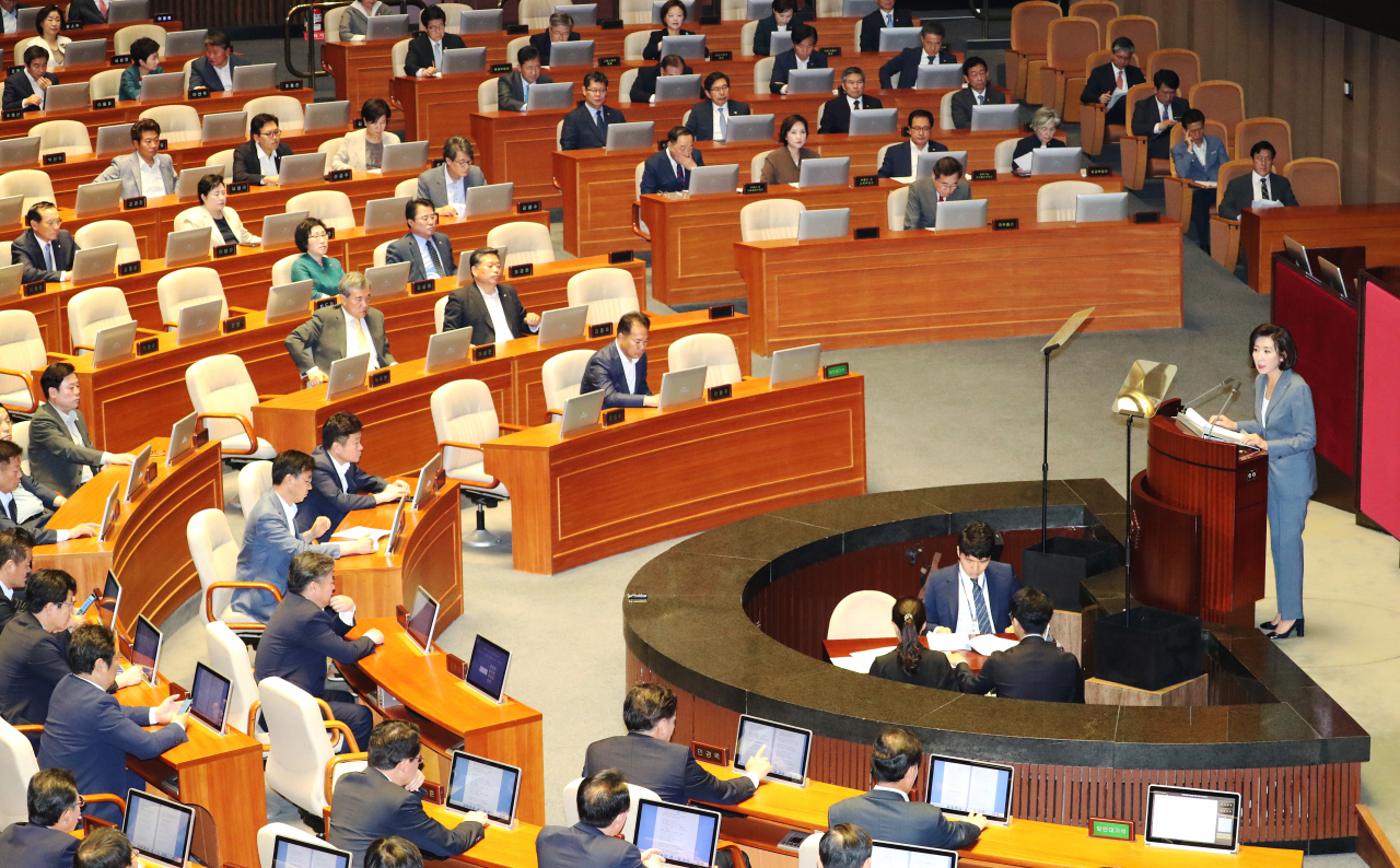 나경원 자유한국당 원내대표가 4일 오전 열린 국회 본회의에서 교섭단체 대표 연설을 하고 있다. [연합]