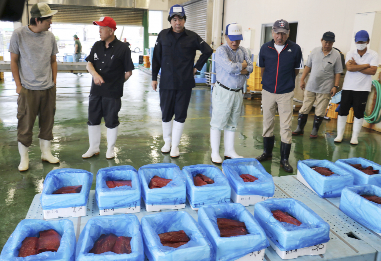 일본이 지난달 30일 상업적 포경을 재개한 이후 처음 잡힌 두 마리에서 나온 고래고기들이 경매에 나와 검사를 받고 있다. [AP 교도통신]