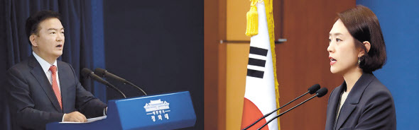 민경욱(왼쪽) 전 청와대 대변인과 고민정 현 청와대 대변인의 브리핑 모습.  [연합]