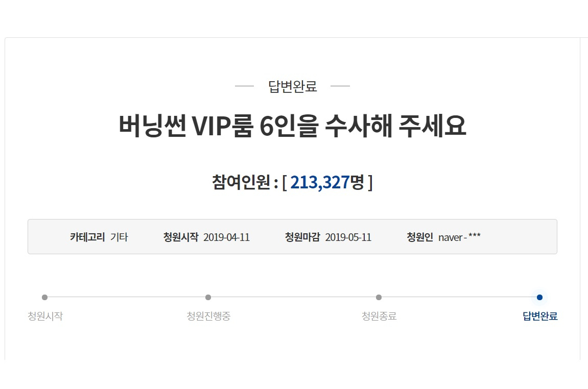 민갑룡 경찰청장은 10일 ‘버닝썬 VIP룸 수사’에 대한 청와대 청원에 10일 수사결과가 미흡하다는 국민의 비판을 겸허하게 받아들이겠다고 답했다. 버닝썬 VIP룸 수사와 관련한 청원 동의 수는 게시 한 달만에 21만 3327명이 동의했다 [청와대 국민청원 캡처]