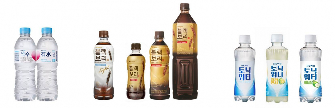 (왼쪽부터) ‘석수’, ‘블랙보리 라이트’ 520mL, ‘블랙보리 오리지널’ 3종, ‘진로믹서 토닉워터’ 3종 이미지 [제공=하이트진로음료]