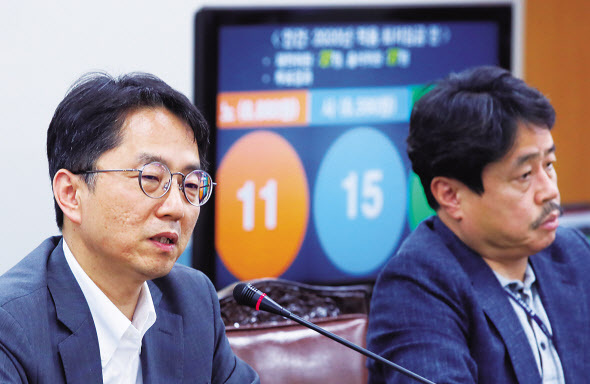 박준식 최저임금위원장(왼쪽)이 12일 세종시 정부세종청사 최저임금위원회 전원회의실에서 투표결과를 배경으로 브리핑하고 있다. 박 위원장은 내년도 최저임금인상률을 2.9%로 의결한 데 대해 어려운 경제 여건에 대한 성찰의 결과라고 의미를 부여했다. 오른쪽은 공익위원인 권순원 숙명여대 경영학부 교수. [연합]