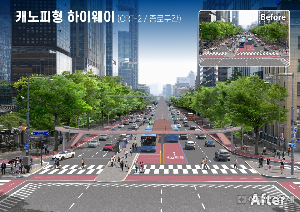 종로 버스전용차로 위에 설치될 캐노피형 하이웨이 조감도.