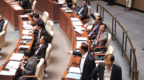 자유한국당 의원들이 15일 국회에서 열린 예산결산특별위원회 전체회의에서 김상조 정책실장 참석 관련 의사진행 발언을 요구하고 있다. [연합]