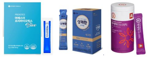 왼쪽 에스더포뮬러 ‘여에스더 프로바이오틱스’, 가운데 삼양사 큐원 ‘상쾌환 스틱형’, 오른쪽 KGC인삼공사 ‘화애락 이너제틱’