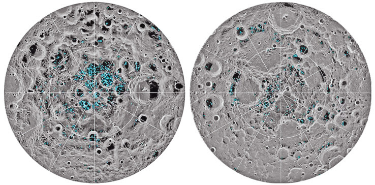 달 표면 물 분포도. 달의 남극(좌)과 달의 북극(우)  [NASA]