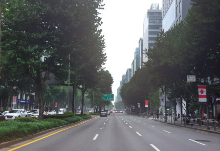 강남 테헤란로에 걸려 있는 세계 국기들.  [강남구 제공]
