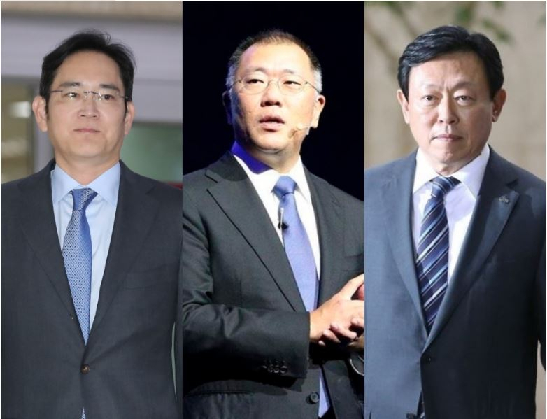 이재용 삼성전자 부회장(왼쪽부터), 정의선 현대자동차그룹 수석 부회장, 신동빈 롯데그룹 회장이 일본 수출규제와 관련해 잇달아 일본 출장에 나섰다.