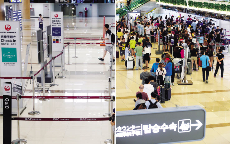 일본의 경제보복 이후 일고 있는 반일감정이 영향을 준 것으로 보이는 김포공항 국제선 탑승 수속 카운터의 지난 21일 모습. 김포와 도쿄를 운항하는 일본항공 탑승 수속 카운터는 한산한 모습(왼쪽 사진)인 반면, 상하이로 운항하는 중국동방항공 탑승 수속 카운터는 여행객이 몰려 북적이고 있다. [연합]