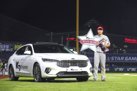 ‘2019 KBO 올스타전’ MVP로 선정된 한동민 선수가 포즈를 취하고 있다. [기아차 제공]