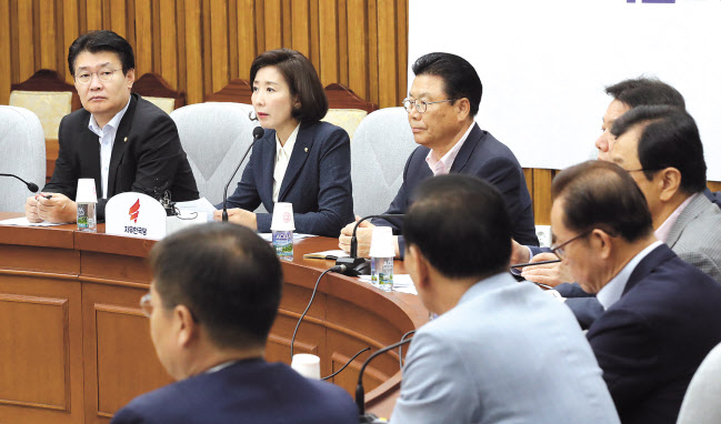 나경원 자유한국당 원내대표가 23일 국회에서 열린 원내대책회의에서 발언하고 있다. [연합]