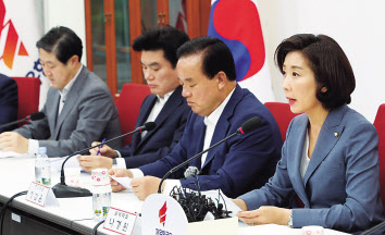 자유한국당 나경원 원내대표가 24일 오전 국회에서 열린 원내대표-중진의원 연석회의에서 발언하고 있다. [연합]