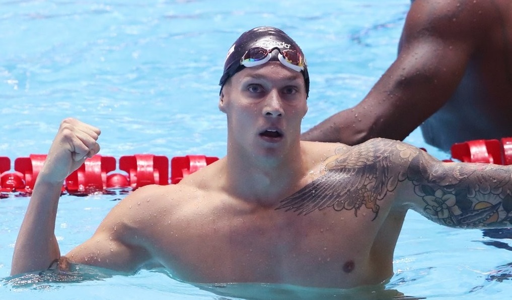 Caeleb Dressel of the United States celebrates after breaking the world record in the men's 100m butterfly in the event's semifinals at the FINA World Championships at Nambu University Municipal Aquatics Center in Gwangju, 330 kilometers south of Seoul, on July 26, 2019. (Yonhap)