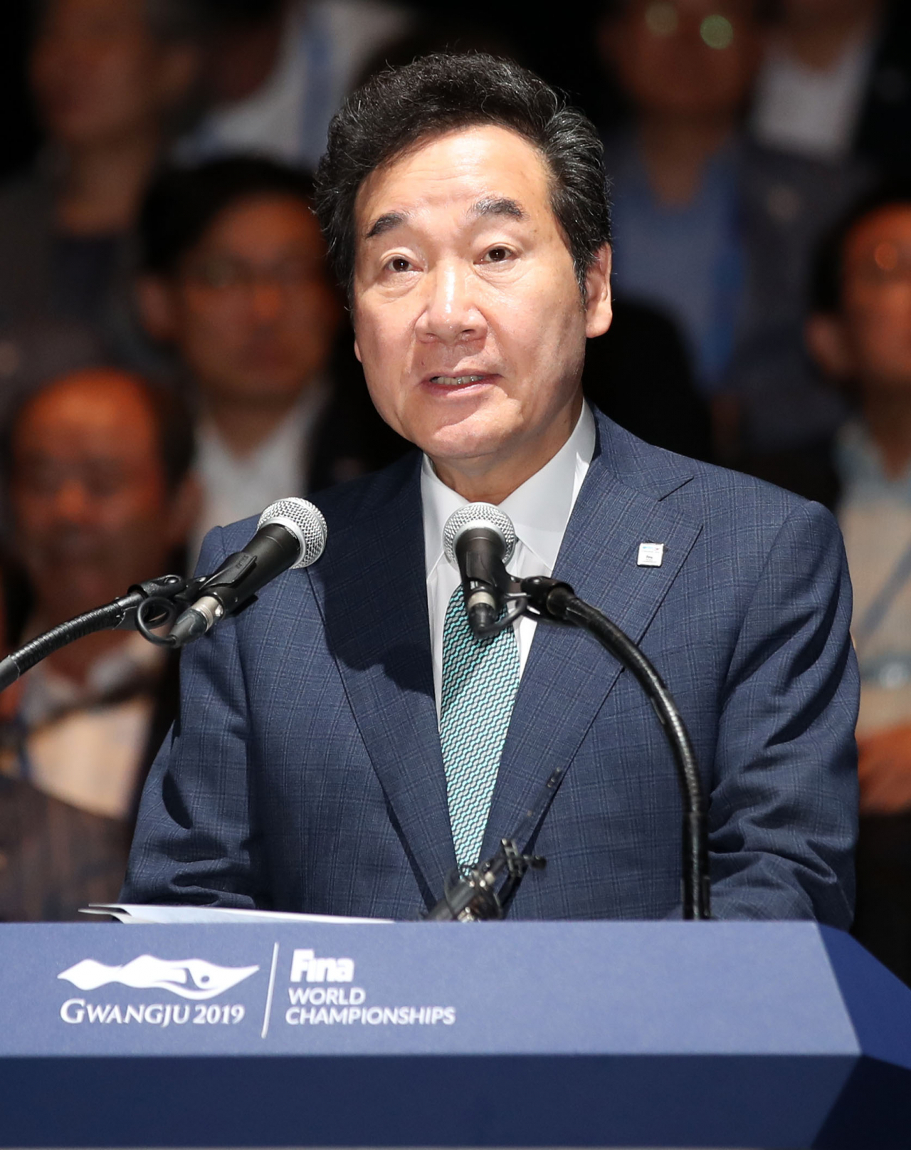 이낙연 국무총리가 28일 오후 광주 동구 국립아시아문화전당에서 열린 2019 광주세계수영선수권대회 폐회식 문화행사에서 인사말을 하고 있다. ［연합］