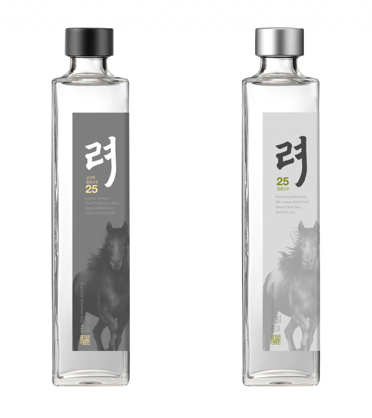 미국으로 수출하는 고구마증류소주 려 25(왼쪽)와 증류소주 려 25제품 이미지 [제공=국순당]