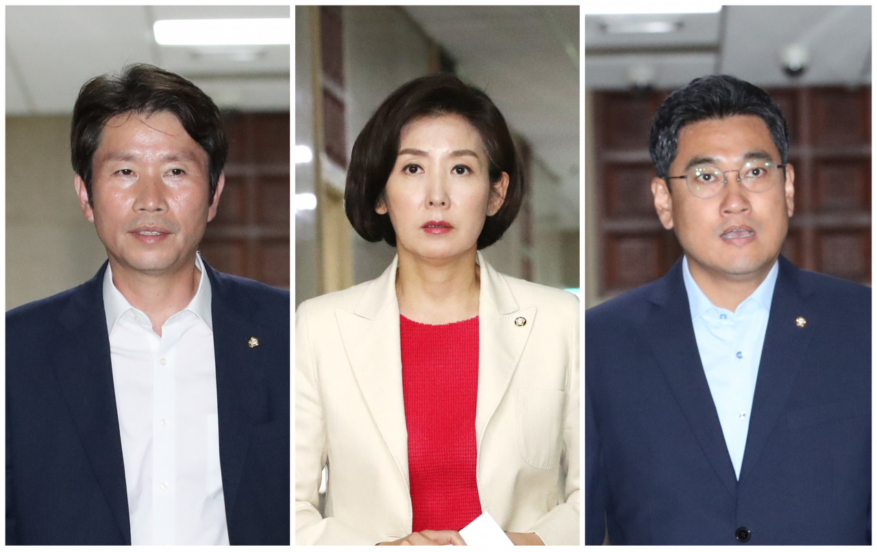 더불어민주당 이인영(왼쪽부터), 자유한국당 나경원, 바른미래당 오신환 교섭단체 원내대표들이 지난 29일 오후 회동을 위해 국회 운영위원장실로 각각 들어가고 있다. [연합]
