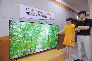 삼성전자와 KT스카이라이프 관계자가 8K 위성 방송을 2019년형 삼성 QLED 8K 82형을 통해 시청하고 있다. [삼성전자 제공]