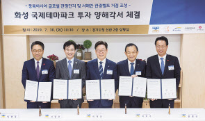 (왼쪽부터) 임영록 신세계프라퍼티 대표, 서철모 화성시장, 이재명 경기도지사, 이학수 한국수자원공사 사장, 윤명규 신세계건설 대표.