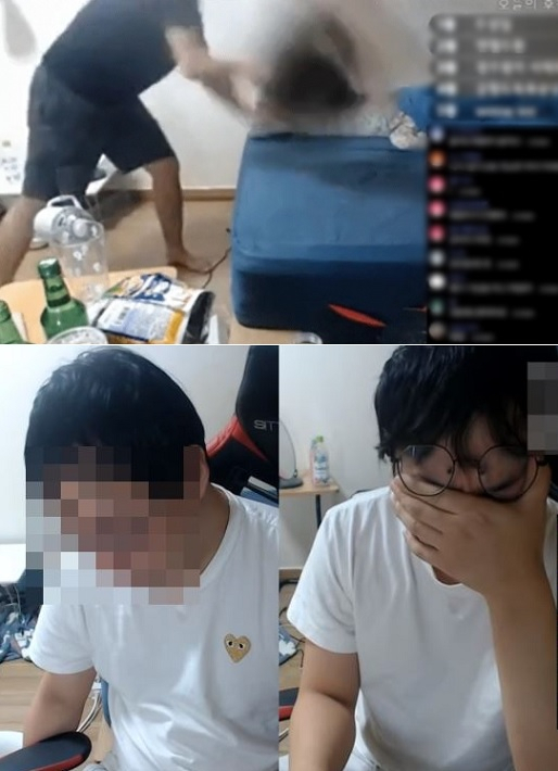 반려견을 학대하는 모습(위)을 유튜브 채널 생방송으로 내보낸 유튜버가 거센 비난여론에 사과 방송(아래)과 함께 극단적 선택을 암시해 경찰에 보호 조치됐다. 해당 유튜버는 학대 논란을 부른 반려견을 동물단체에 소유권을 넘기겠다는 소유권 포기각서도 쓴 것으로 알려졌다. [유튜버 방송 캡처]