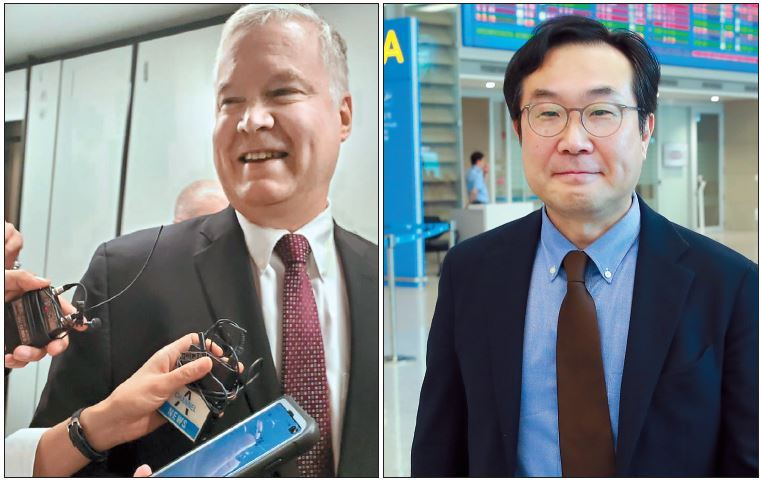 이도훈 외교부 한반도평화교섭본부장(오른쪽)은 31일 태국 방콕에서 스티븐 비건 미 국무부 대북특별대표와 한미 북핵수석대표 협의를 개최했다. [연합]
