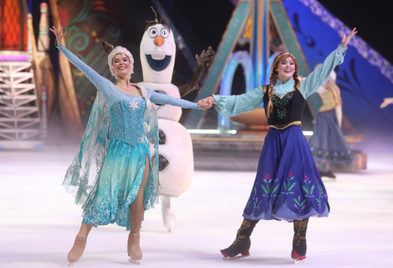 Skaters of "Disney on Ice: Frozen" perform during a press call at Mokdong Ice Rink in Seoul on Aug. 1, 2019. (Yonhap)