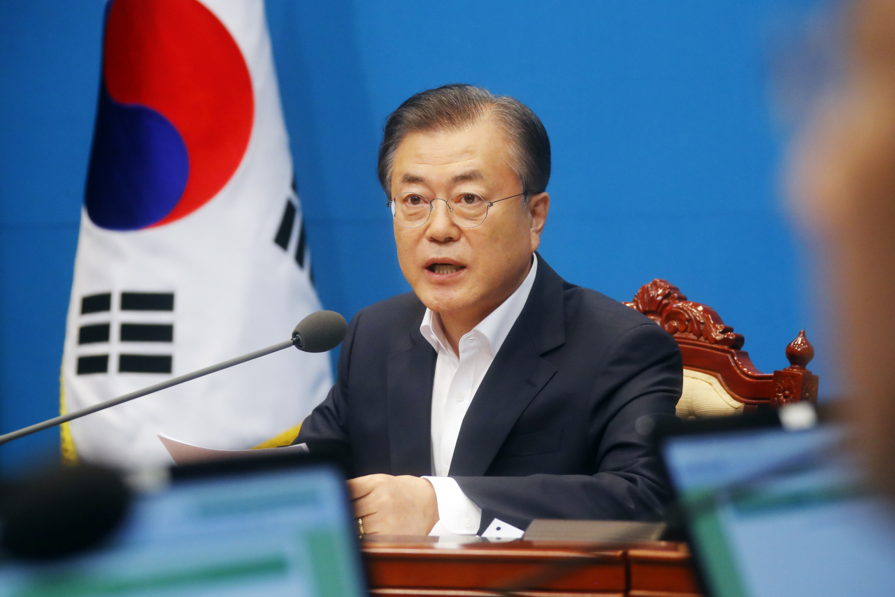 President Moon Jae-in speaks at the Cabinet meeting on Friday. Yonhap
