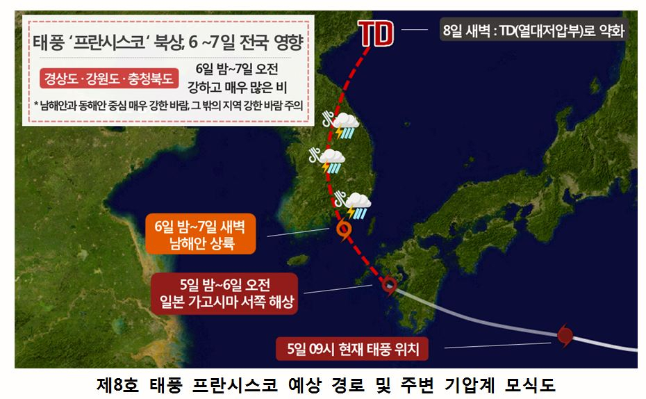 [제8호 태풍 프란시스코 예상 경로 및 주변 기압계 모식도. 사진=기상청]