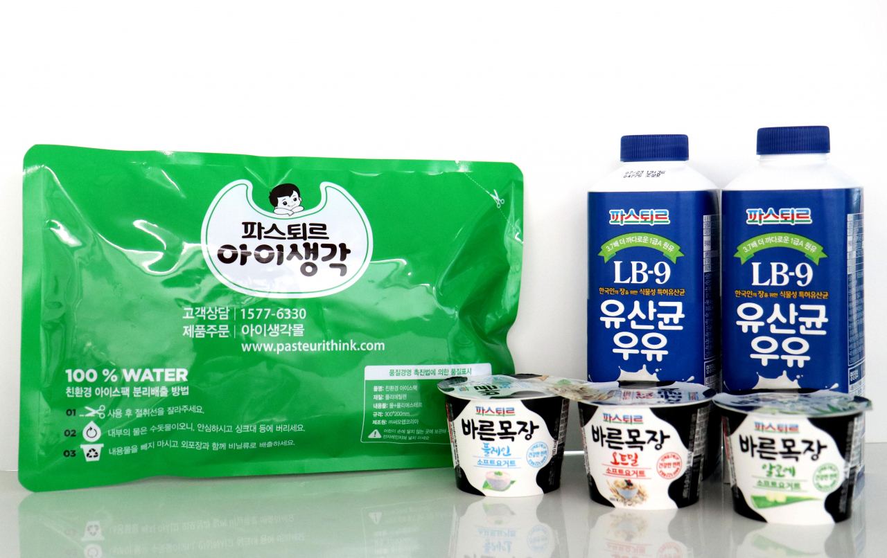 파스퇴르 친환경 패키지 제품과 아이스팩 이미지 [제공=롯데푸드]