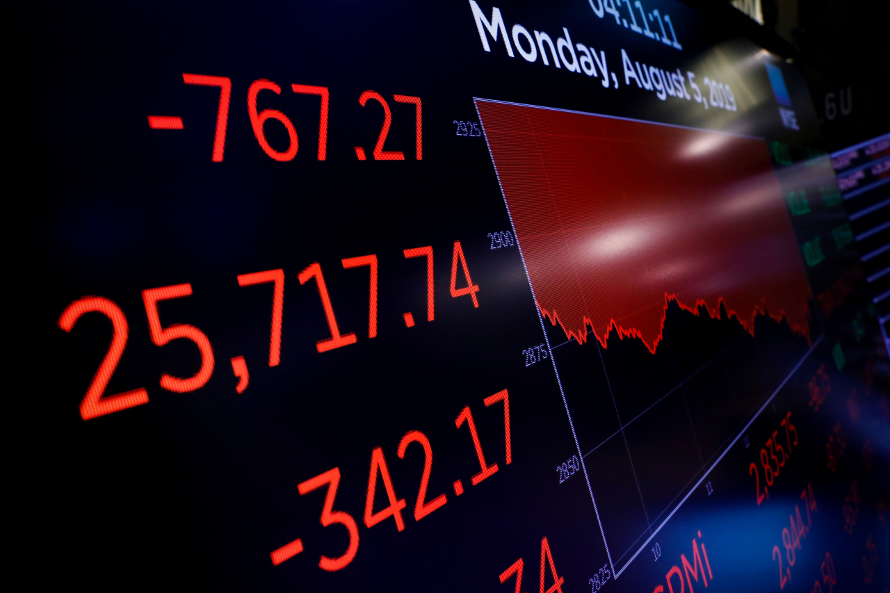 5일(현지시간) 미국 뉴욕의 뉴욕증권거래소(NYSE)에서 종가 후 다우존스산업평균지수가 767.27포인트 하락한 모습. [로이터]