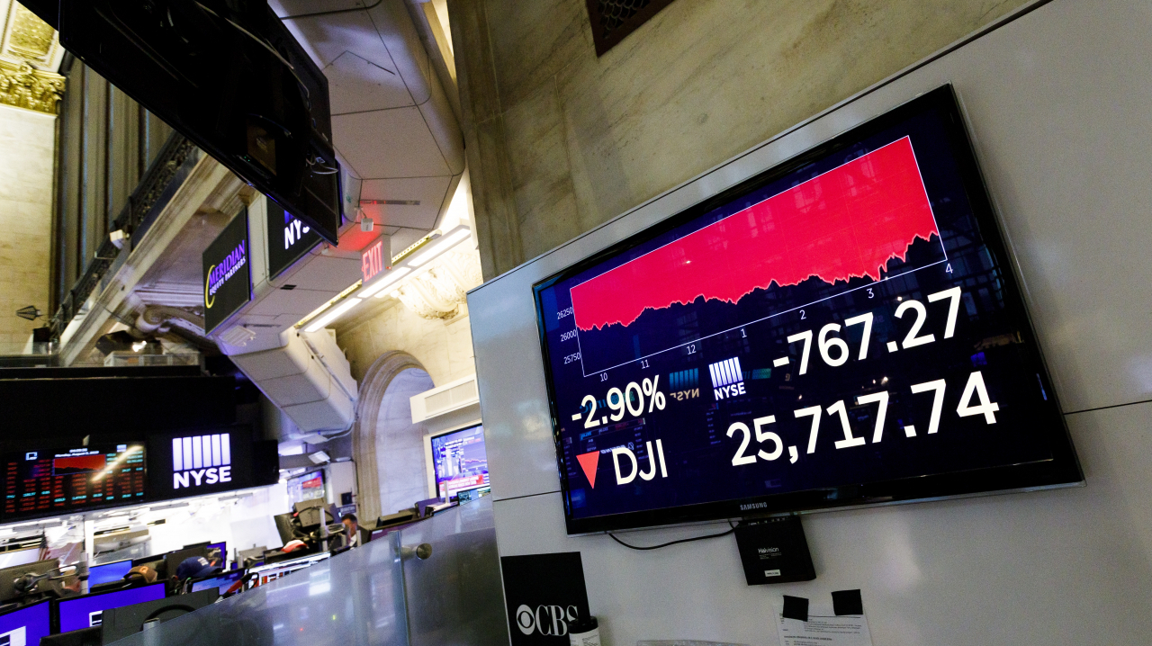 5일(현지시간) 미국 뉴욕의 뉴욕증권거래소(NYSE)에서 종가 후 다우존스산업평균지수가 767.27포인트 하락한 모습이 화면에 나타나 있다. [EPA]