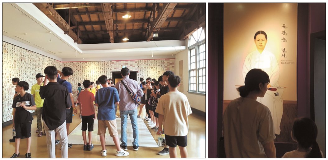 일본 경제 보복조치로 반일감정이 고조되는 가운데 비극적인 역사 현장을 찾는 ‘다크 투어리즘’이 뜨고 있다. 사진은 6일 서울 서대문구 서대문형무소를 방문한 관람객들 모습(왼쪽)과 아이와 함께 유관순 열사 그림을 보고 있는 한 시민의 모습. 정세희 기자/say@