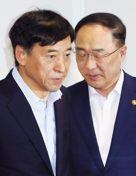 홍남기(오른쪽) 경제부총리 겸 기획재정부 장관과 이주열 한국은행 총재가 7일 오전 서울 중구 은행회관에서 긴급 거시경제 금융회의가열리기 전 기념촬영을 마치면서 대화하고 있다. [연합]