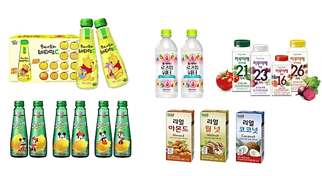 왼쪽 위부터 고려은단 ‘허니&유자 비타민C 곰돌이 푸 에디션, 코카콜라 ‘토레타! 로즈힙워터’, 한국야쿠르트 ‘하루야채’ 시리즈, 고려은단 ‘스파클링 비타민C 디즈니 미키&미니 에디션’, 정식품 ‘리얼시리즈'.