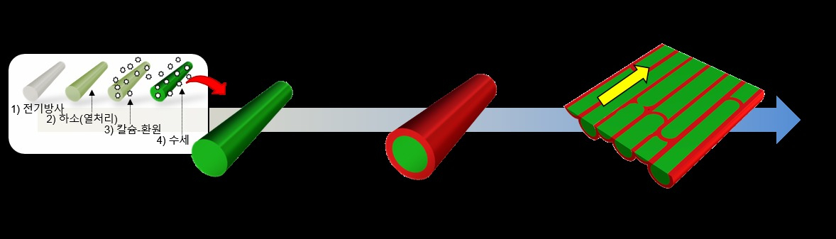 소결형 교환스프링자석 제조 공정 모식도. 코어-쉘(core-shell) 섬유형 복합자석을 제조하고자 전기방사 공정 및 추가 열처리를 통해 200 nm의 직경과 수십 &mu;m의 길이를 갖는 경자성 Sm-Co 나노섬유를 준비하고, 연자성 Fe-Co 도금을 위해 무전해도금 공정을 진행했다.[한국연구재단 제공]