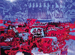 김형관, 감로탱, 종이에 래디언트 라이트 필름, 색테이프, 컬러 시트지, 122x160cm , 2019 [씨알콜렉티브 제공]