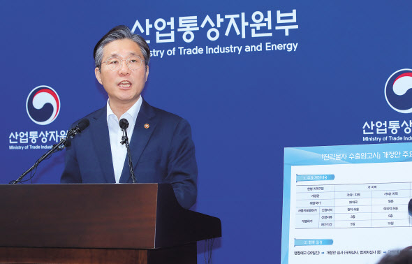 성윤모 산업통상자원부 장관이 12일 세종시 정부세종청사 산업통상자원부에서 일본을 한국 백색국가에서 제외하는 전략물자 수출입고시 변경을 발표하고 있다. [연합]