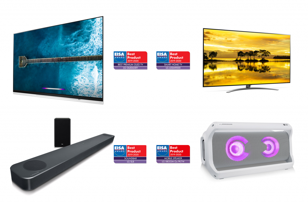 영상음향전문가협회(EISA)로부터 ‘EISA 어워드’를 수상한 ‘LG 올레드 TV’, ‘LG 나노셀 TV’, ‘LG 엑스붐 고’ 포터블 스피커, ‘LG사운드 바’ 제품(왼쪽상단부터 시계방향 순).[LG전자 제공]