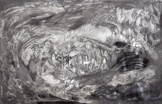 임선구, 우리는 검은 산의 귀퉁이에 모여, 98x150cm, 종이에 흑연, 혼합재료, 2019[갤러리조선 제공]