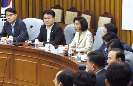 자유한국당 나경원 원내대표가 20일 오전 국회에서 열린 원내대책 및 조국 인사청문회 대책TF 연석회의에서 발언하고 있다. [연합]