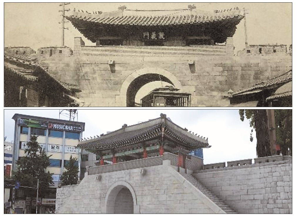 서울시가 문화재청, 우미건설, 제일기획과 함께 추진한 ‘돈의문(敦義門) 디지털 복원 프로젝트’를 마무리하고 증강현실(AR)과 가상현실(VR)로 복원한 돈의문을 20일 공개했다. 위쪽 사진은 1915년 일본에 의해 철거되기 전 돈의문 모습, 아랫쪽 사진은 AR로 복원한 돈의문 모습. [서울시 제공]
