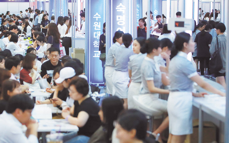 2020학년도 대학 수시모집이 2주 앞으로 다가왔다. 올해 수시모집은 전체 모집인원의 77.3%로 역대 최고 수준이다. 사진은 지난달 25일 한국대학교육협의회 주최로 서울 삼성동 코엑스에서 열린 2020학년도 수시 대학입학정보박람회에 수험생과 학부모들이 수시 입학 상담을 하고 있는 모습. [연합]