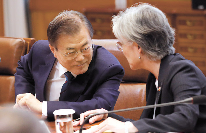 문재인 대통령과 강경화 외교부장관이 26일 오후 청와대에서 아비 아흐메드 알리 에티오피아 총리와의 정상회담 중 대화하고 있다. [연합]