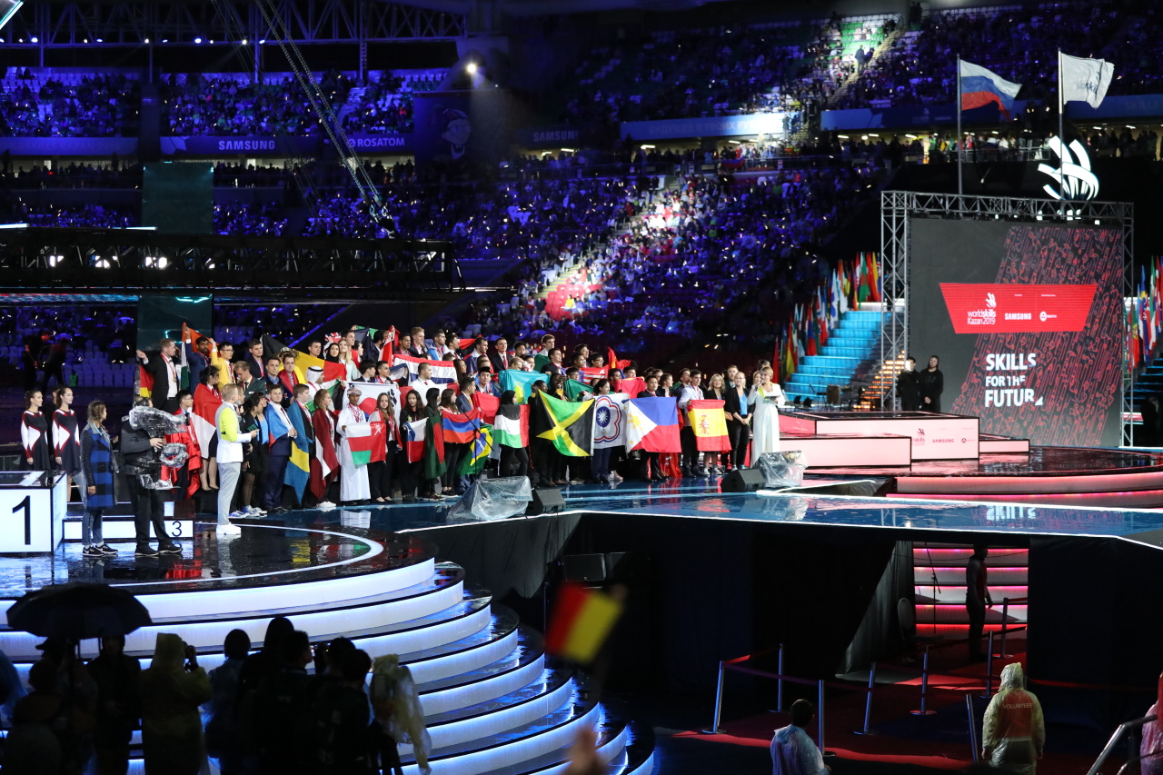 Participants take part in the closing ceremony of the biennial WorldSkills Kazan 2019 held at Kazan Arena Stadium on Tuesday evening. (Human Resources Development Service of Korea)