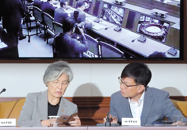 강경화 외교부 장관(왼쪽)이 지난 28일 정부서울청사에서 열린 세종-서울 영상 ‘일본 수출규제 대응 확대 관계장관회의 겸 제7회 과학기술관계장관회의’에서 김상조 청와대 정책실장과 대화하고 있다. [연합]