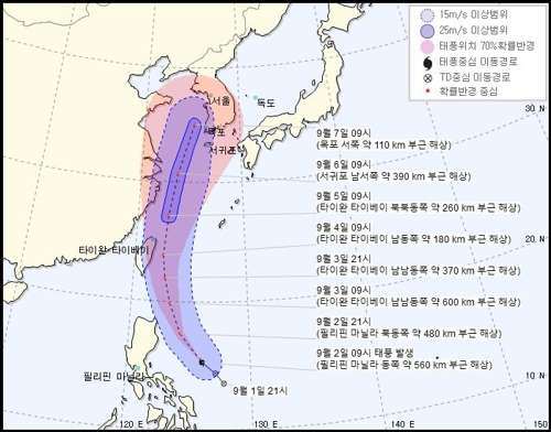 제13호 태풍 링링의 예상이동경로. [기상청 홈페이지]