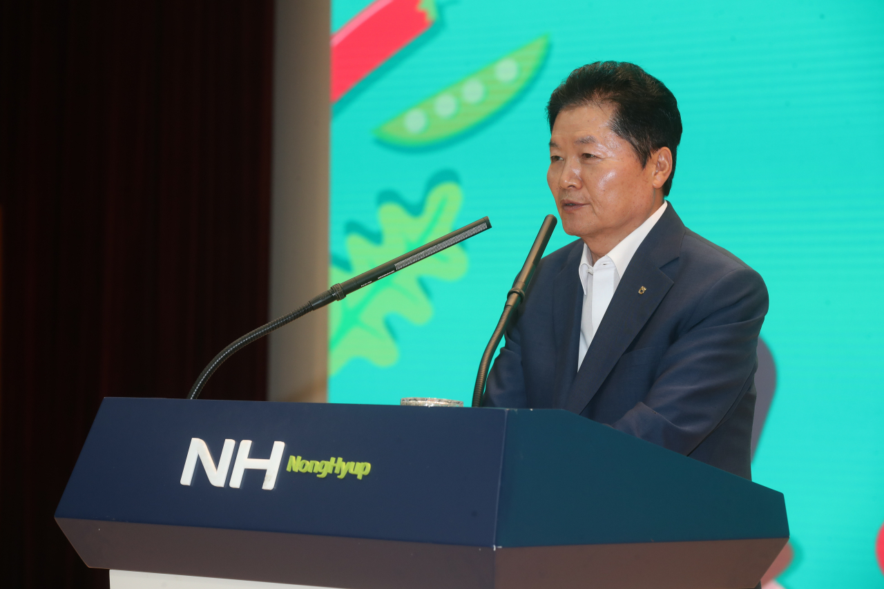 팜스테이마을 20주년 기념식에서 김병원 농협중앙회장이 인사말을 하고 있다. [농협 제공]