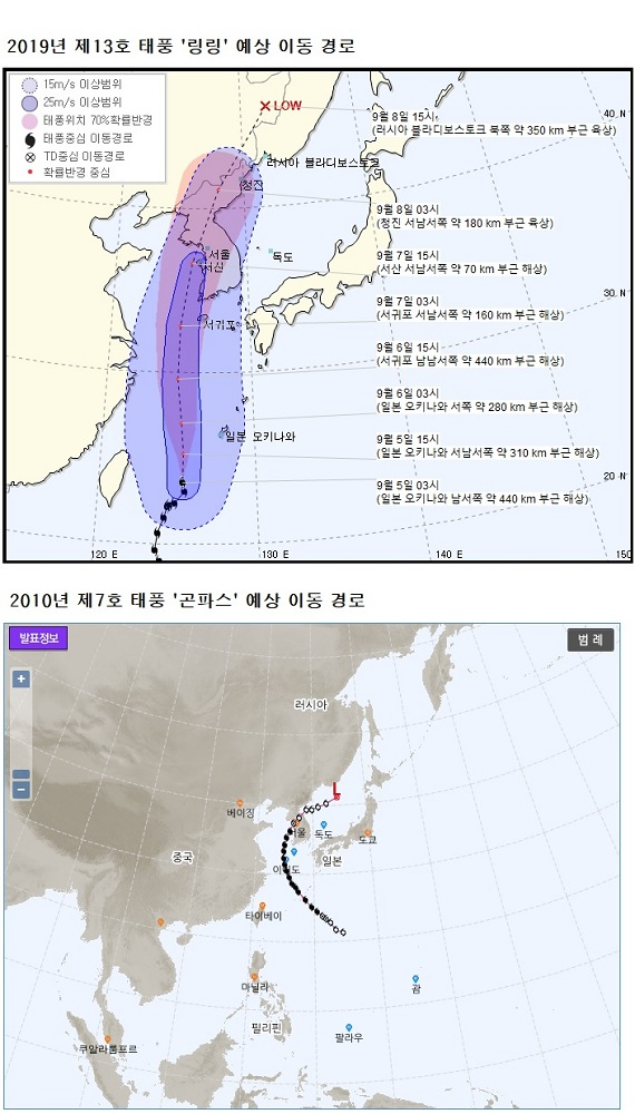 우리나라를 향해 점차 세력을 키우면서 북상 중인 제13호 태풍‘링링’과 2000년 발생한 제7호 태풍 ‘곤파스’의 강도와 이동경로가 매우 유사한 특징을 가지고 있는 것으로 알려져 안전에 각별한 유의가 필요하다. [기상청 홈페이지 캡처]