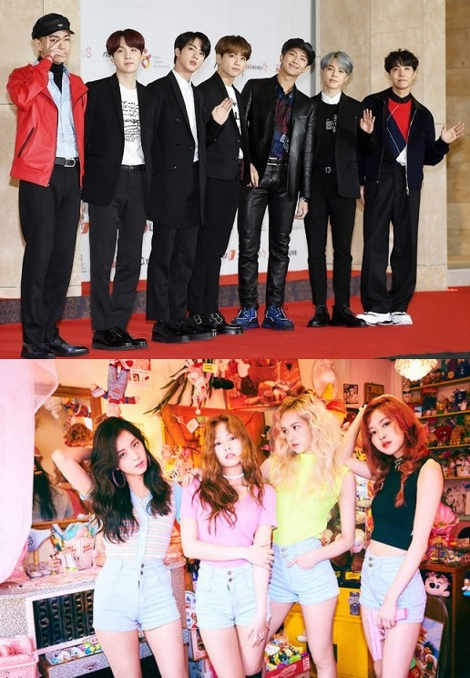 전 세계 두터운 팬층을 확보하고 있는 K-팝의 선두주자인 방탄소년단(위)과 블랙핑크가 미국 대중문화 팬 투표 시상식인 ‘올해 피플스 초이스 어워즈’ 3개 부문에 나란히 이름을 올려 화제다. [OSEN]