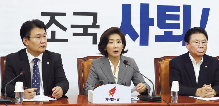 자유한국당 나경원 원내대표가 6일 오전 국회에서 열린 원내대책회의에서 발언하고 있다. [연합]