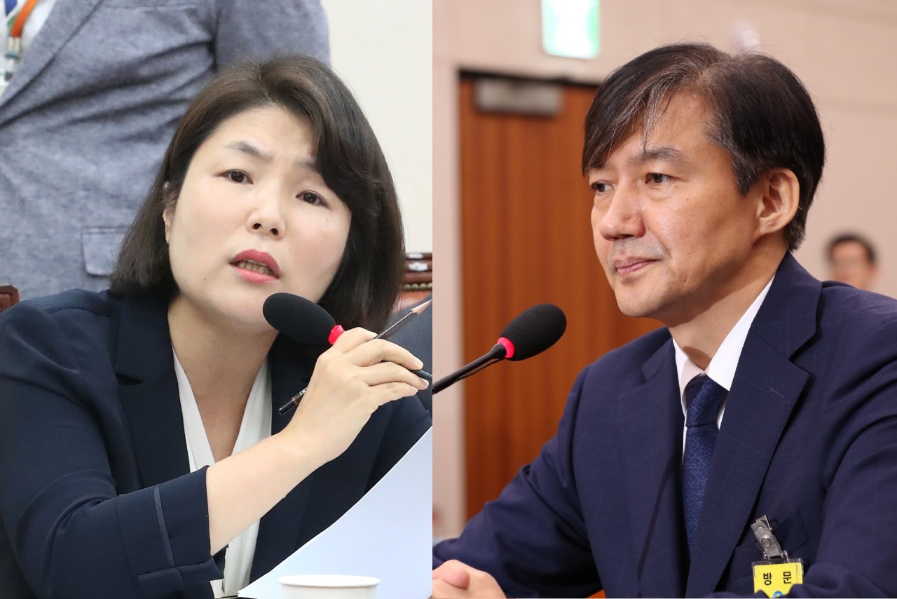 Liberty Korea Party spokesperson Rep. Jun Hee-kyung (left) and Justice Minister nominee Cho Kuk (Yonhap)